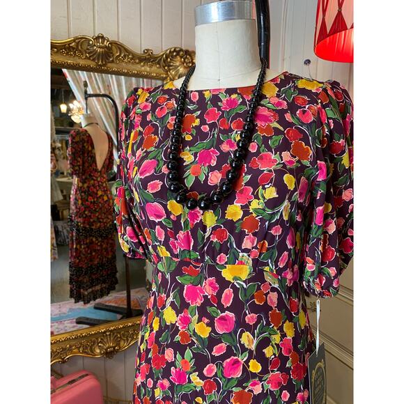vintage style silk floral maxi dress backless puff sleeves med polka dot trim - Picture 2 of 11